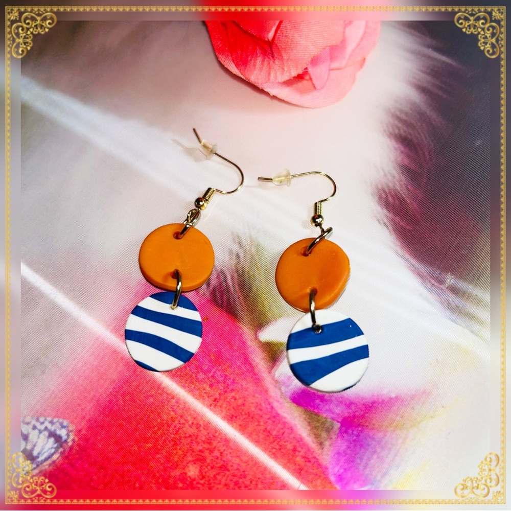 Orange and Blue Striped Earrings - Picture 3 of 16